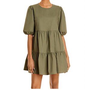 Aqua Ruffled Puff Sleeve Poplin Tiered Mini Dress SIZE SMALL